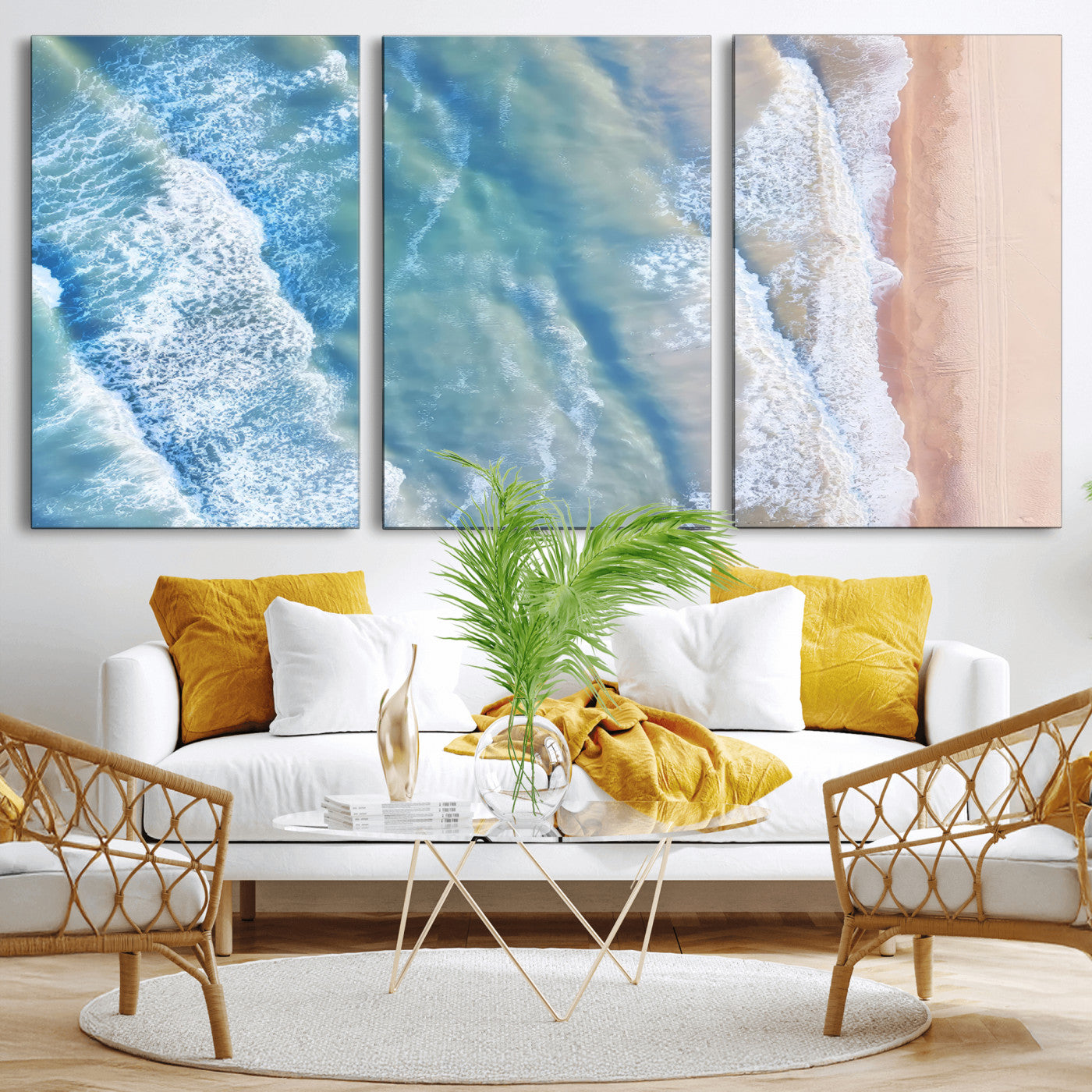 MGV-CV-60X30-3P - Aerial Ocean View Wall Art Canvas Print, Framed Soft Blue Waves Art Picture Print, Sandy Shoreline Perfect Modern Coastal Decor Artwork