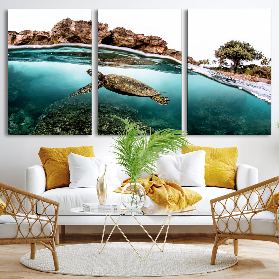 Sea Turtle Wall Art Canvas Print, Framed Ocean Life Tropical Coastal Art