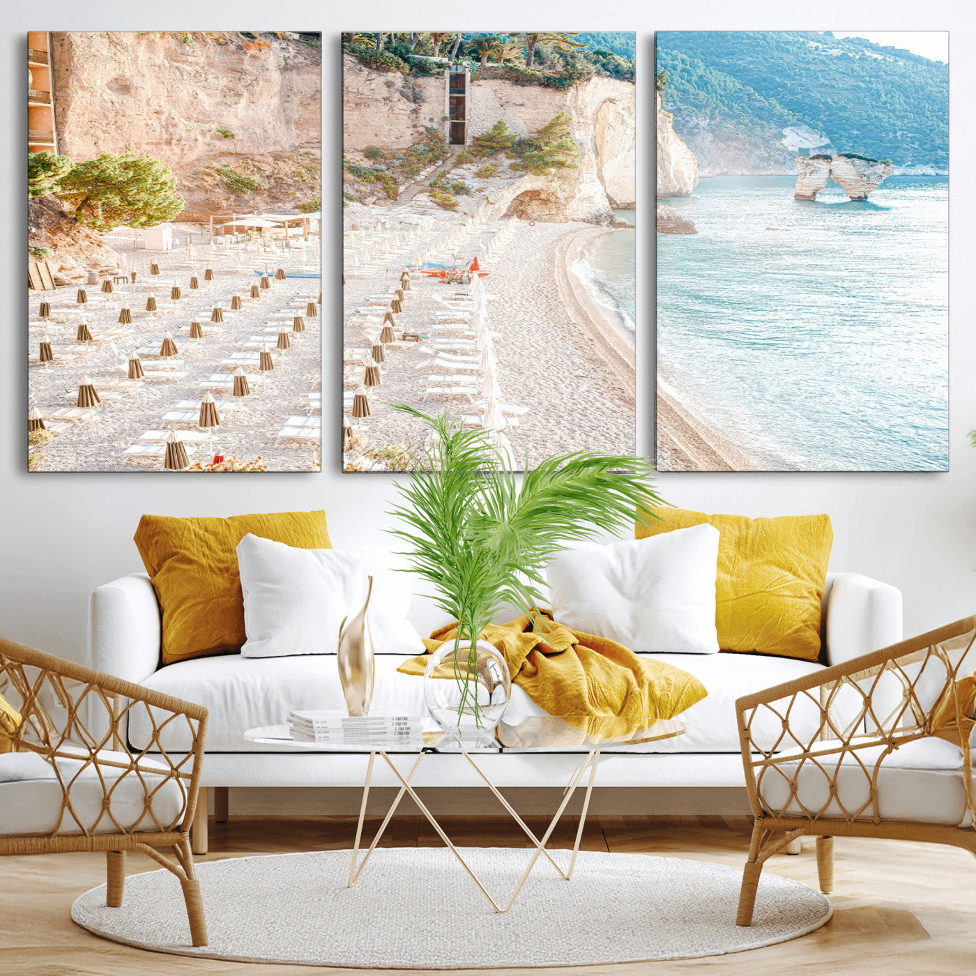84816639-MGV-CV-36X24 - Sunny Beach Wall Art – Chairs & Umbrellas Canvas Print, Clear Water, Rocky Cliffs, Coastal Calm for Living Room or Vacation Home Decor