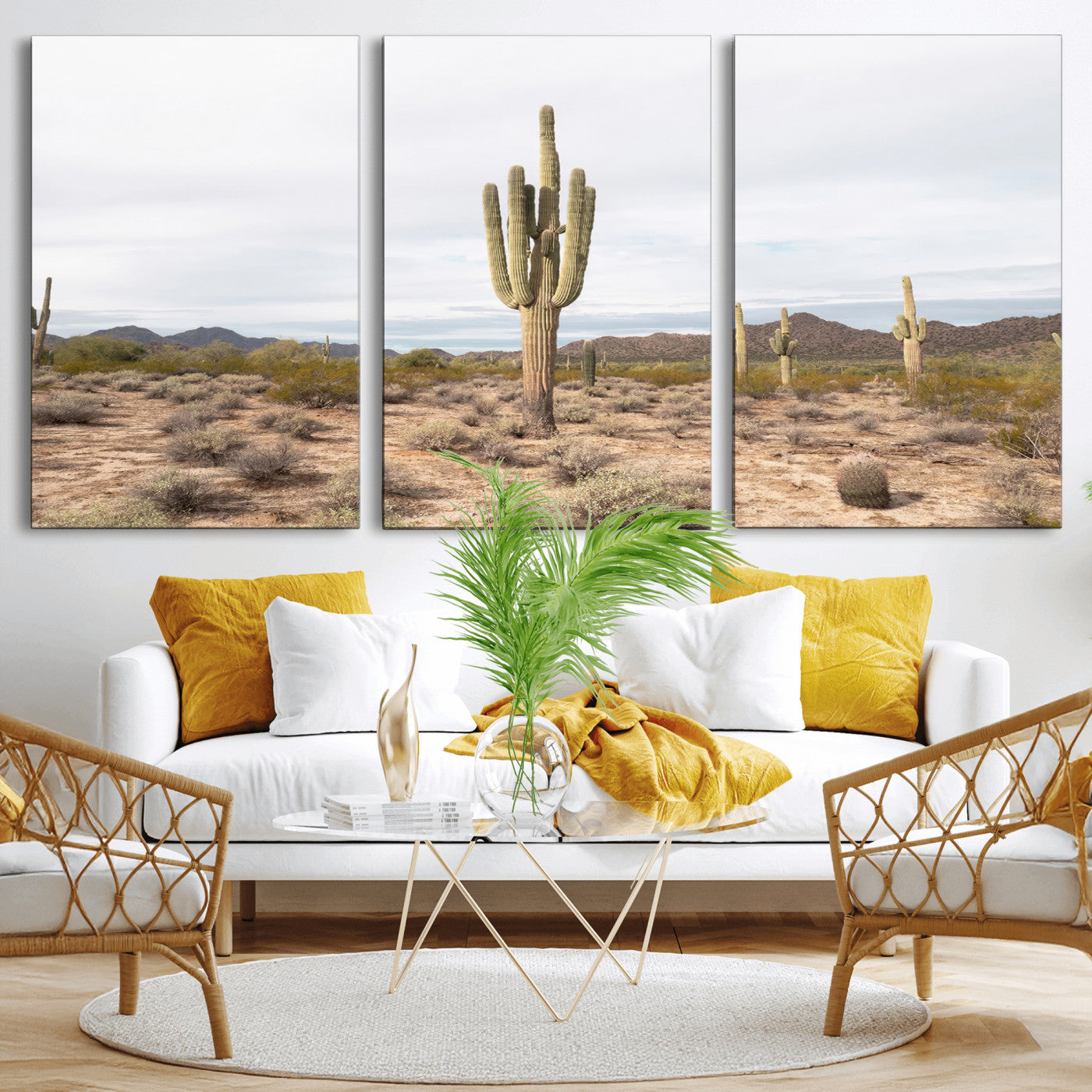 MGV-CV-60X30-3P - Saguaro Cactus Wall Art Canvas Print, Framed Desert Cactus Art Picture Print, Earthy Desert Perfect Southwestern Boho Decor Artwork