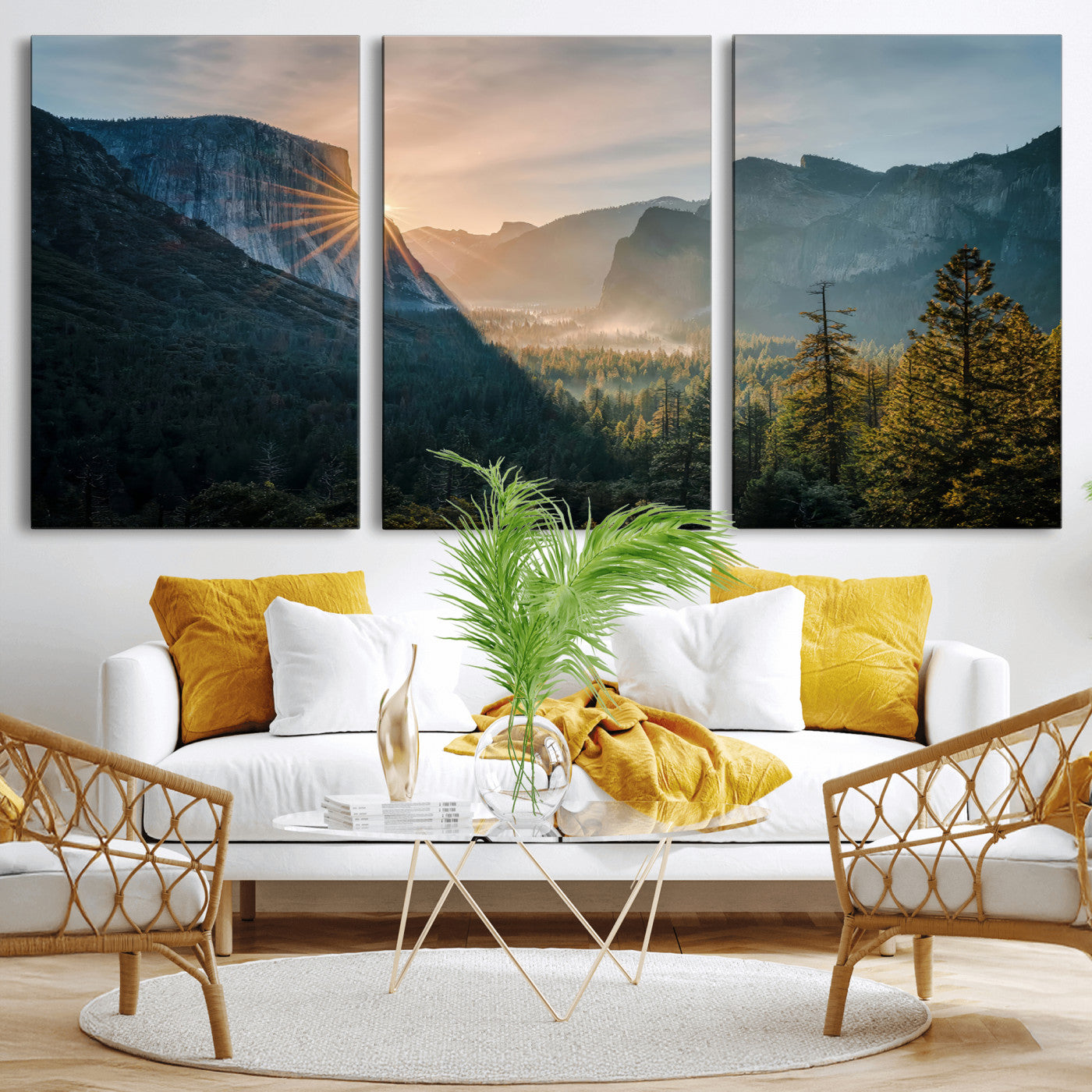 51605481-MGV-CV-36X24 - Yosemite Valley Wall Art – Misty Forest Peaks Canvas Print, Radiant Light, Tranquil Nature Landscape for Living Room or Cabin Decor