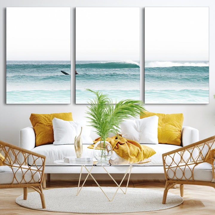 Surfing Wall Art Canvas Print, Framed Ocean Art Picture Print, Waves Perfect Minimalist Decor