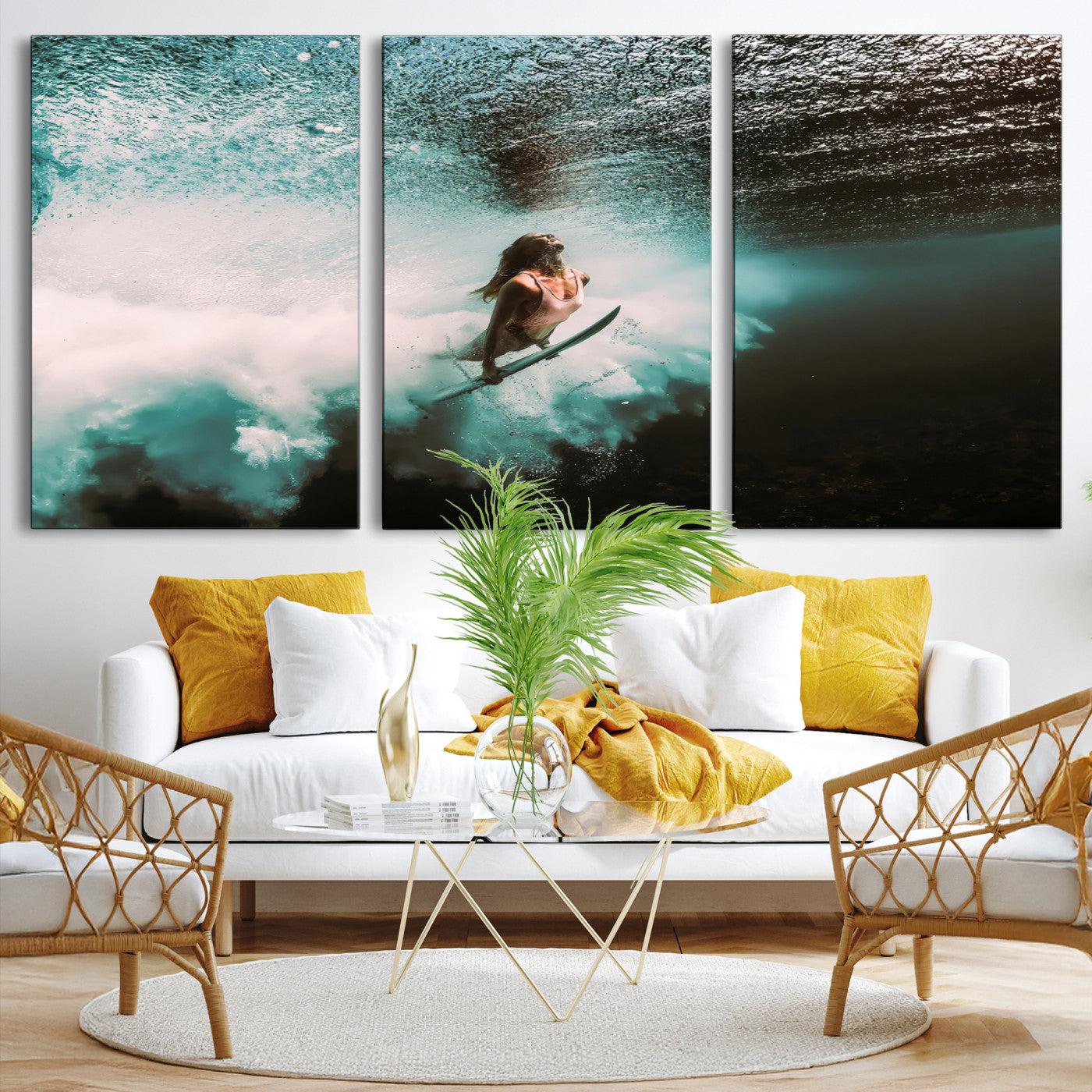 Vibrant Aquatic Motion Wall Art Canvas Print, Framed Underwater Swimming Art Picture Print, Female Surfer Diving Perfect Coastal Boho Decor,