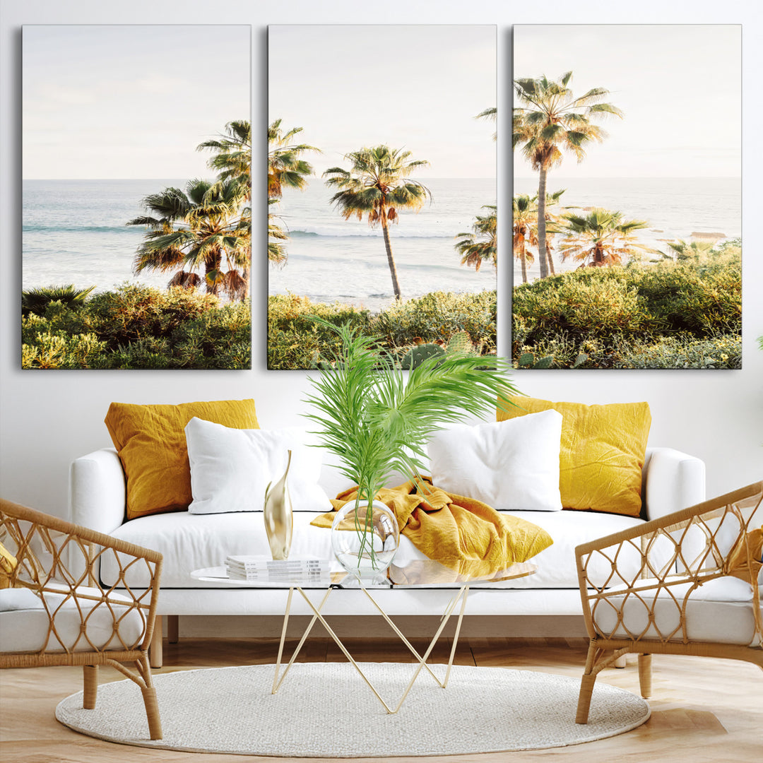 California Coast Wall Art Canvas Print, Framed Palm Trees Art Picture Print, Coastal Landscape Perfect Coastal Minimalist Decor