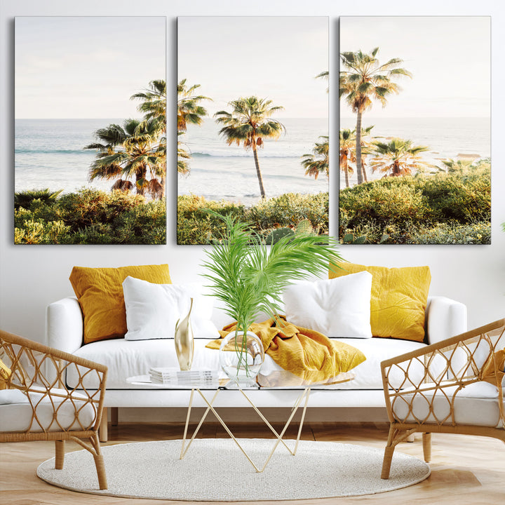 California Coast Wall Art Canvas Print, Framed Palm Trees Art Picture Print, Coastal Landscape Perfect Coastal Minimalist Decor