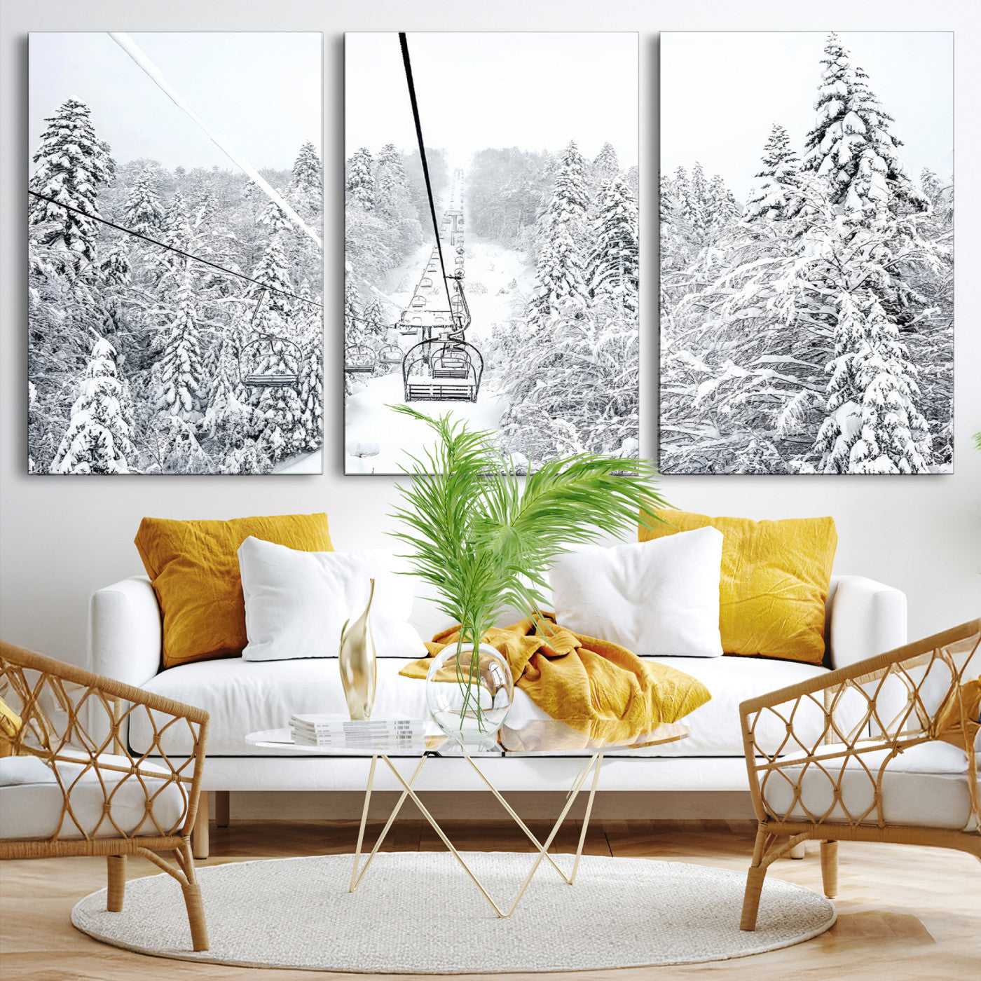 44705668-MGV-CV-36X24-Winter Forest Wall Art Canvas Print, Framed Snowy Forest Art Picture Print, Winter Ski Lift Perfect Scandinavian Minimalist 3/3 Decor
