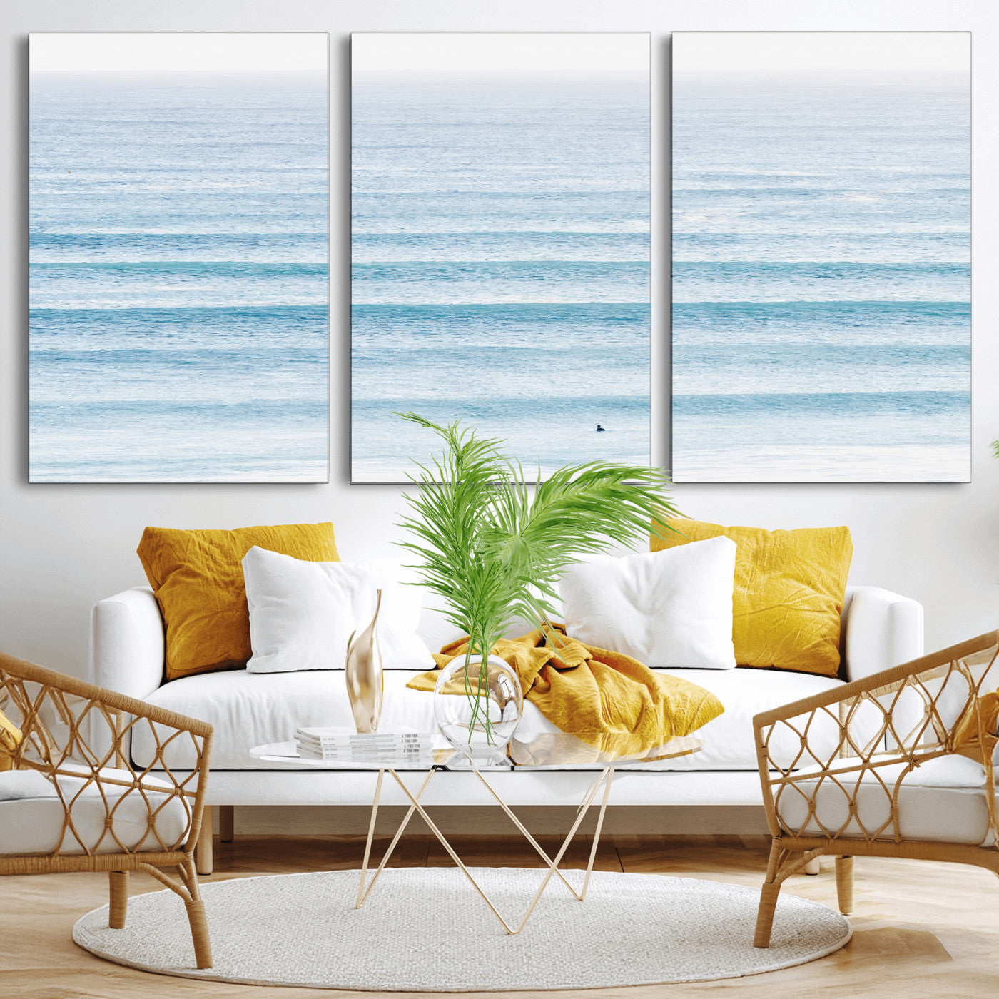 77145995-MGV-CV-36X24-Ocean Wave Surfer Wall Art – Framed Minimal Seascape Canvas Artwork, Calm Blue Water Design, Coastal Decor for Home, Office