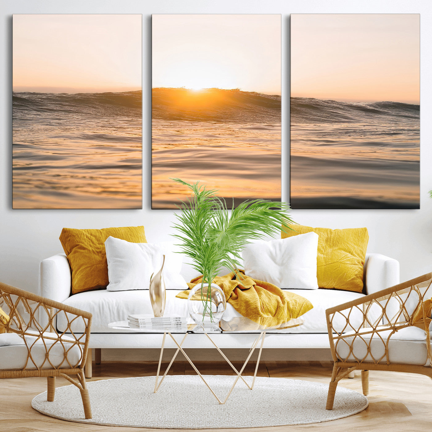 16973771-MGV-CV-36X24-Calm Water Wall Art – Framed Sunset Waves Canvas Artwork, Coastal Warm Design, Minimal Ocean Decor for Home, Office