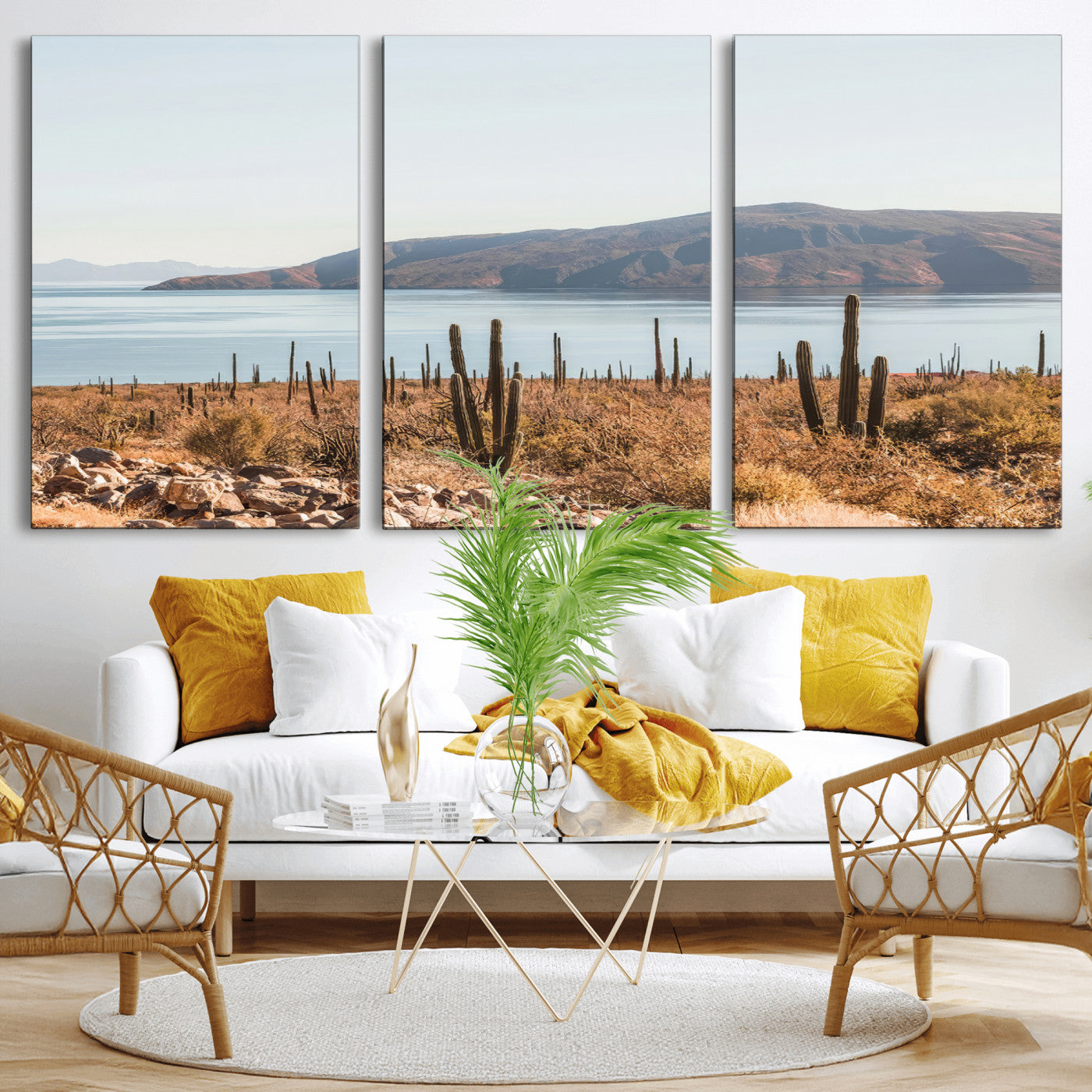 MGV-CV-60X30-3P - Desert Cactus Wall Art Canvas Print, Framed Baja Coastline Art Picture Print, Coastal Desert Perfect Southwestern Minimalist Decor Artwork