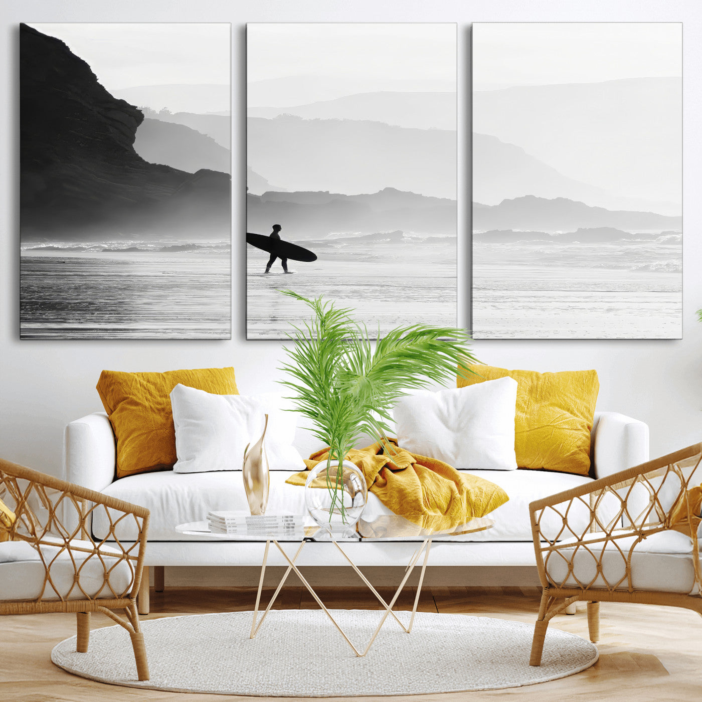 MGV-CV-60X30-3P - Surfer In Fog Wall Art Canvas Print, Framed Moody Shoreline Art Picture Print, Cliffside Waves Perfect Minimalist Coastal Decor Artwork