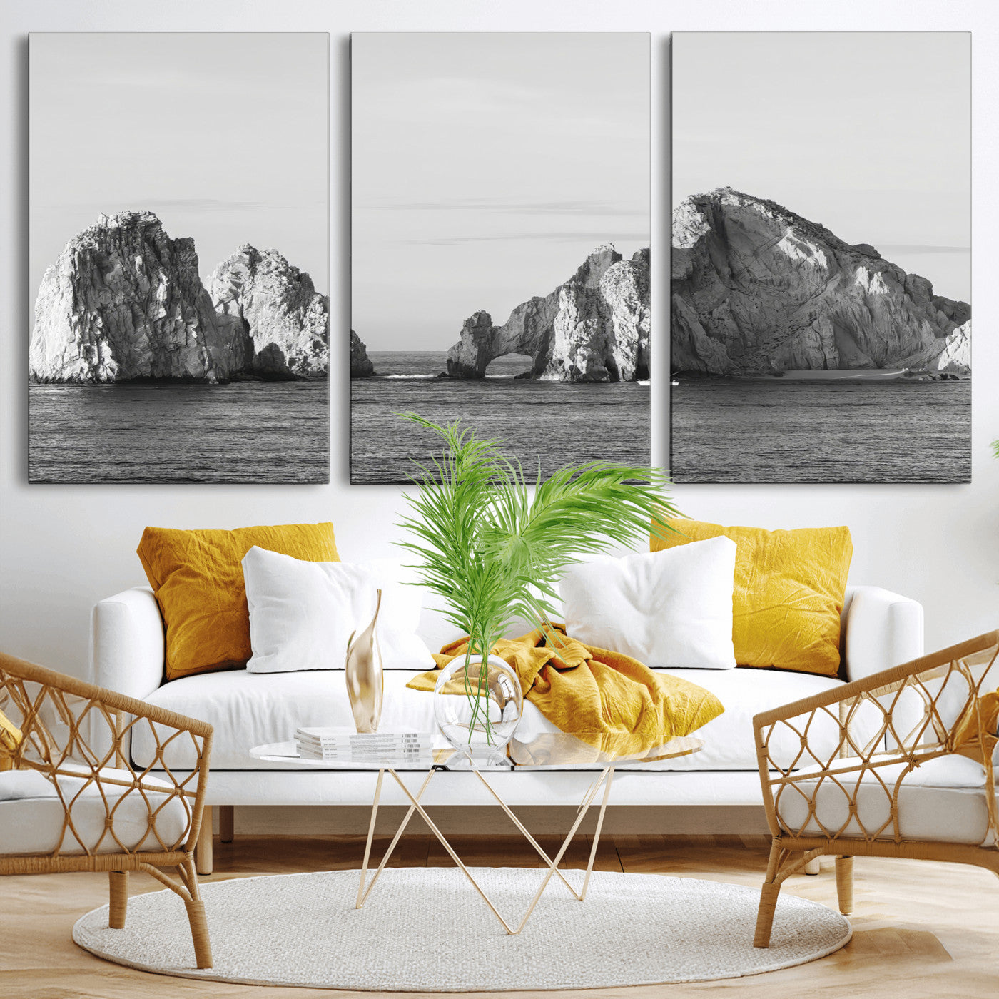 MGV-CV-60X30-3P - Rugged Coastline Wall Art Canvas Print, Framed Ocean Cliffs Art Picture Print, Monochrome Seascape Perfect Coastal Minimalist Decor Artwork