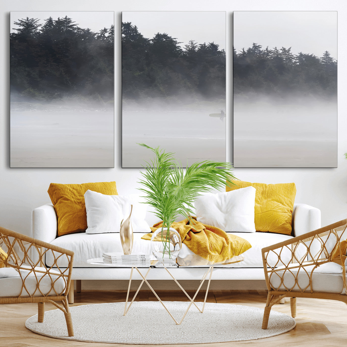 59703275-MGV-CV-36X24-Surfer Fog Wall Art Canvas Print – Framed Foggy Beach Scene with Coastal Surf Artwork for Home, Office, Living Room