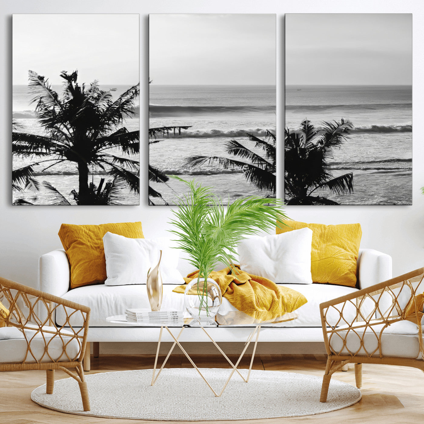 17508038-MGV-CV-36X24-Tropical Coastline Wall Art Canvas Print – Framed Palm Trees Scene with Ocean Waves Artwork for Home, Office