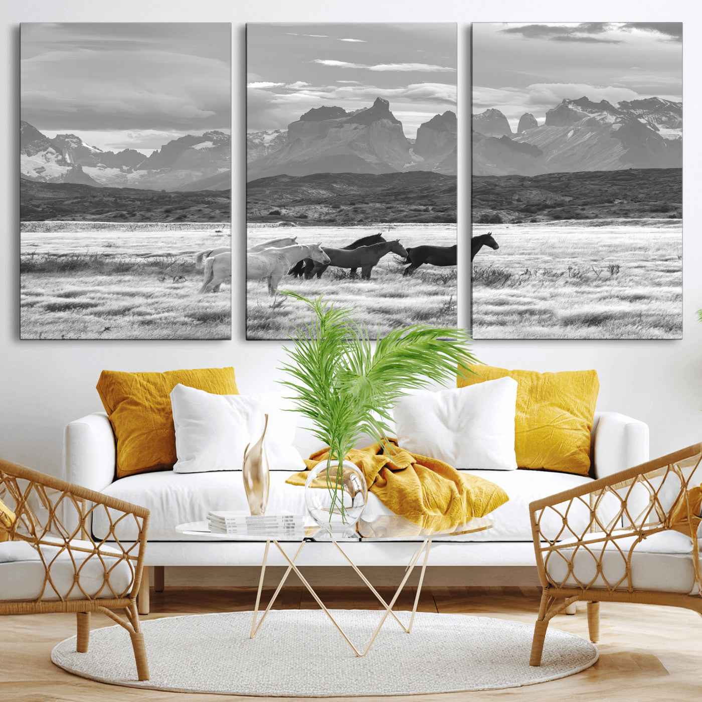 MGV-CV-60X30-3P - Wild Horses Wall Art Canvas Print, Framed Black White Mountains Art Picture Print, Rustic Countryside Perfect Rustic Western Decor Artwork