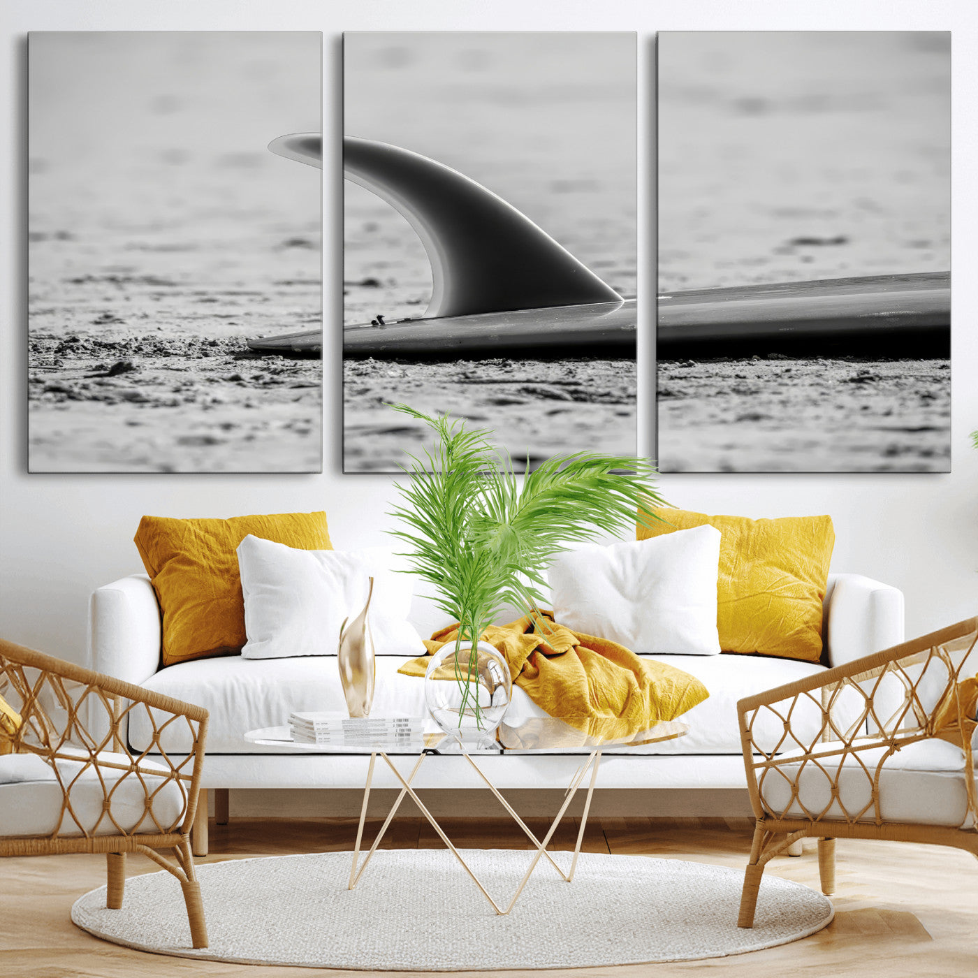 MGV-CV-60X30-3P - Black White Surfboard Wall Art Canvas Print, Framed Minimalist Beach Art Picture Print, Surf Fin Perfect Minimalist Coastal Decor Artwork