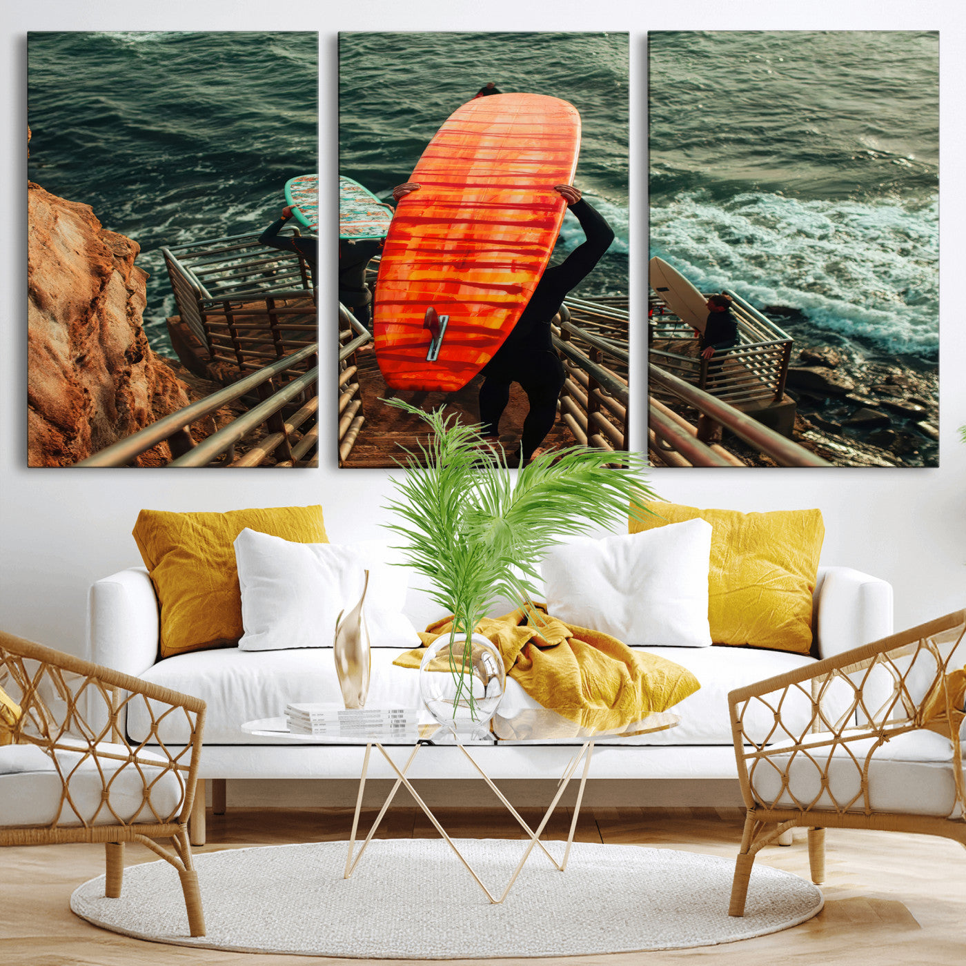 MGV-CV-60X30-3P - Surfer Stairway Wall Art Canvas Print, Framed Ocean Surf Art Picture Print, Sunset Coastal Perfect Coastal Adventure Decor Artwork
