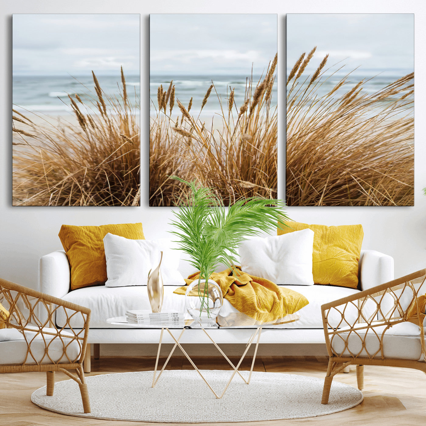 MGV-CV-60X30-3P - Beach Grass Wall Art Canvas Print, Framed Coastal Dunes Art Picture Print, Dune Grass Perfect Coastal Minimalist Decor Artwork