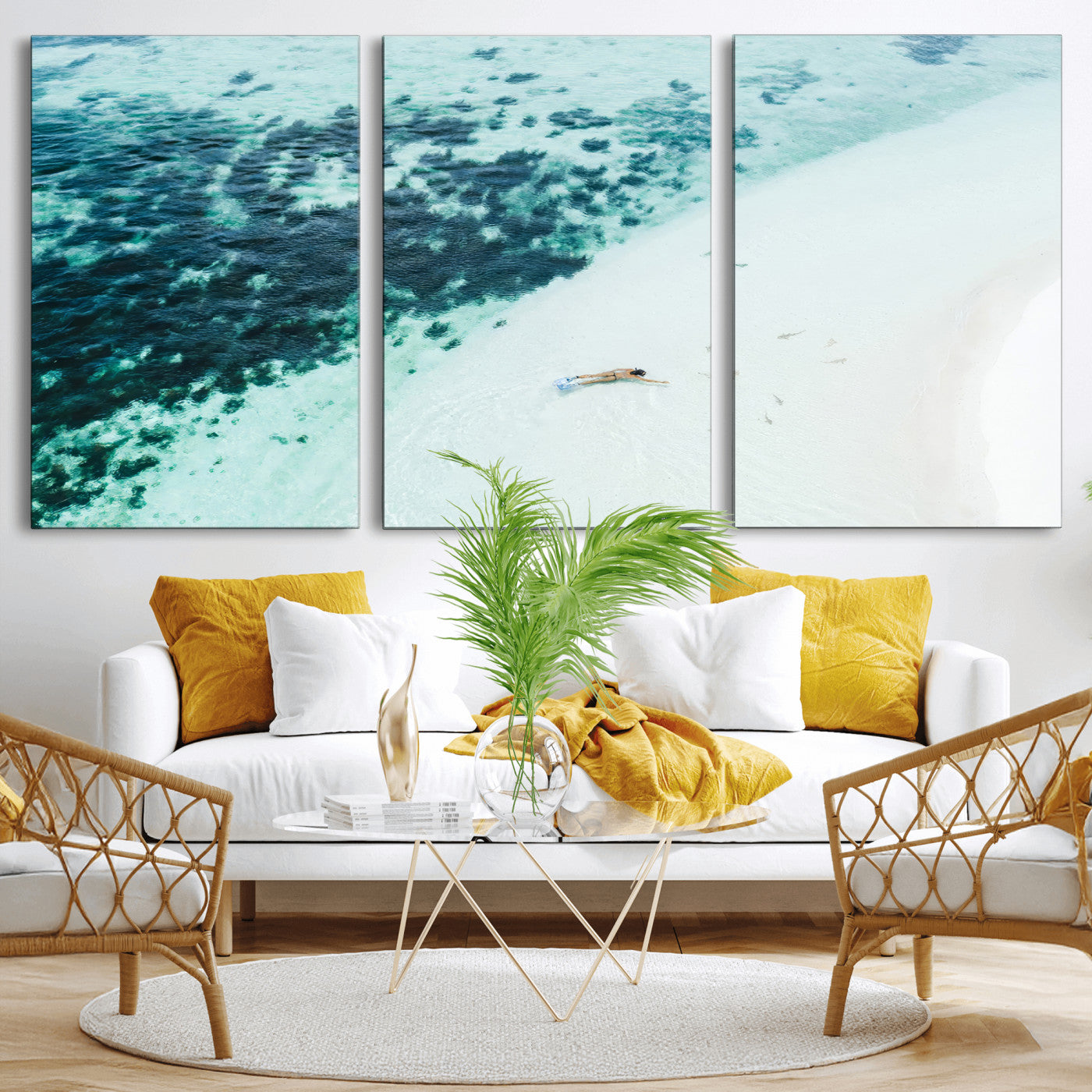 MGV-CV-60X30-3P - Minimal Beach Wall Art Canvas Print, Framed Ocean Swimming Art Picture Print, Clear Ocean Perfect Minimal Coastal Decor Artwork