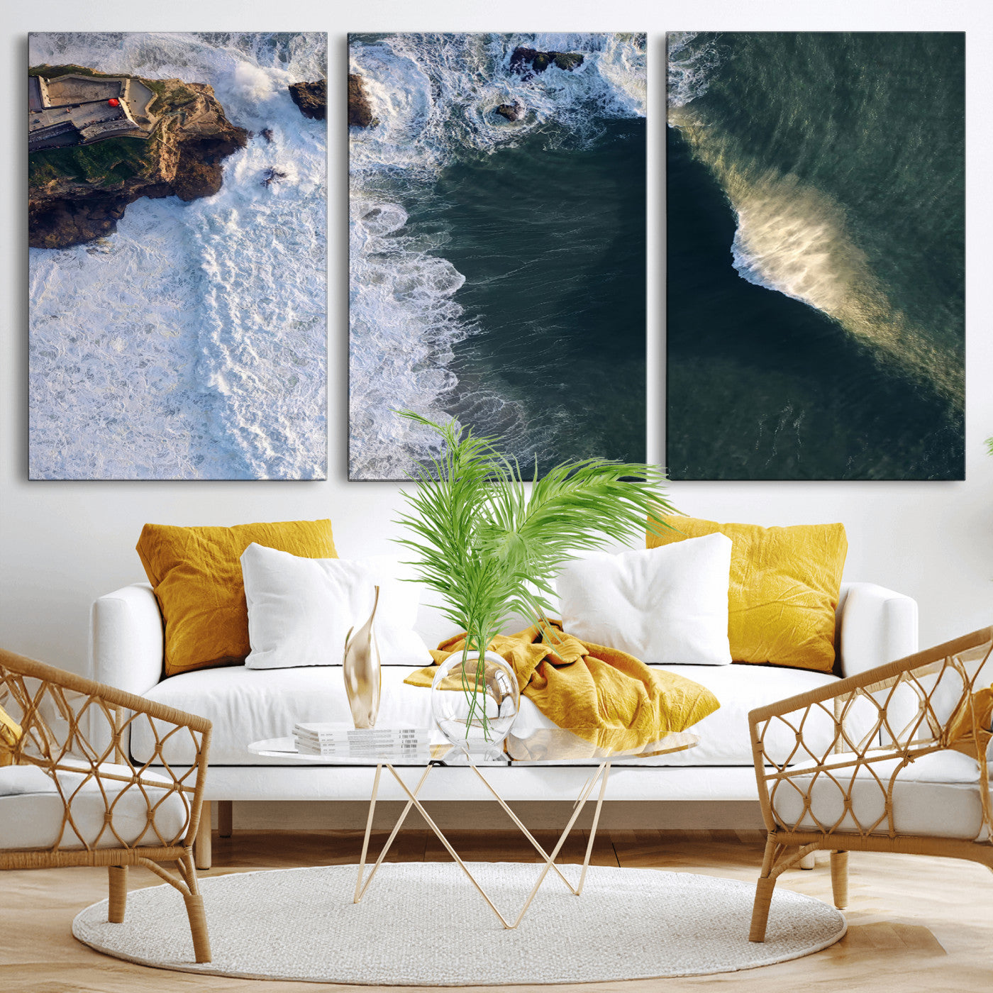 MGV-CV-60X30-3P - Nazaré Coast Wall Art Canvas Print, Framed Aerial Ocean Art Picture Print, Coastal Fortress Perfect Dramatic Coastal Decor Artwork