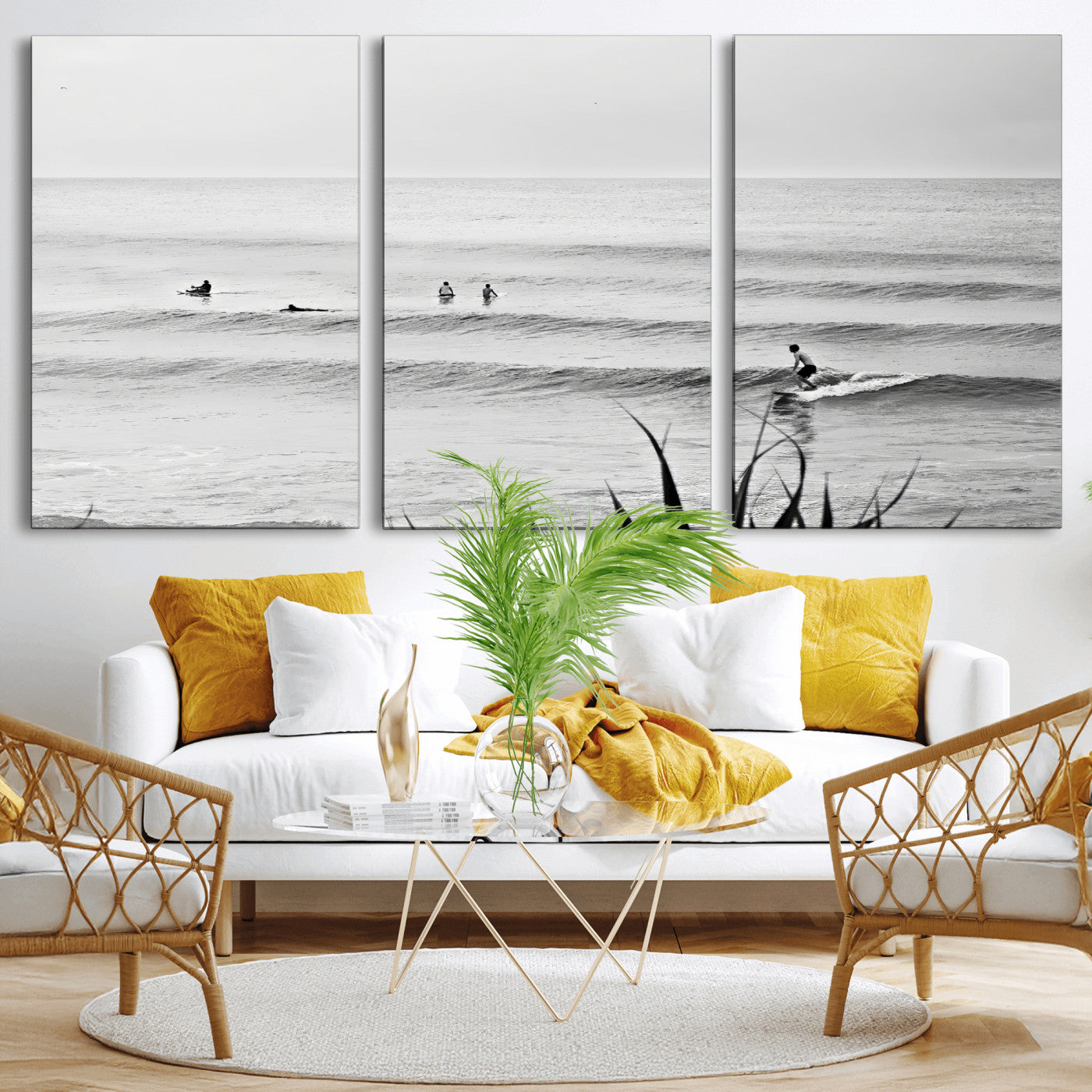 MGV-CV-60X30-3P - Surfer Silhouette Wall Art Canvas Print, Framed Calm Ocean Art Picture Print, Monochrome Surf Perfect Minimalist Coastal Decor Artwork