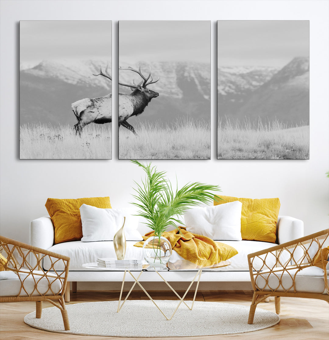 Rustic Elk Wall Art Canvas Print, Wildlife Antler Print, Framed Western Hunting Lodge Art Print, Large Mountain Nature Scene Printing Perfect for Japanese Decor