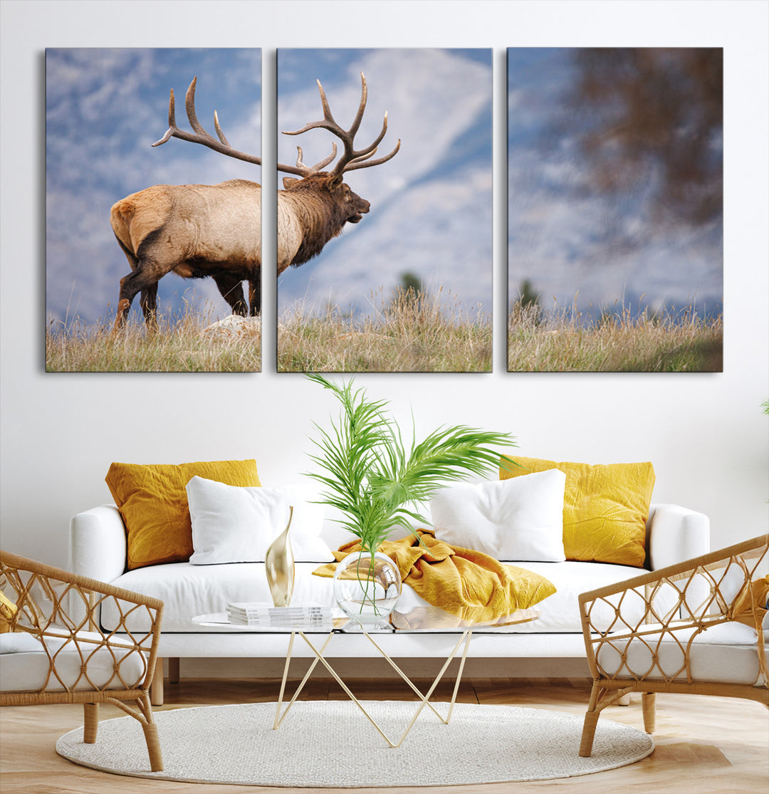 Rustic Elk Wall Art Canvas Print, Wildlife Antler Print, Framed Western Hunting Lodge Art Print