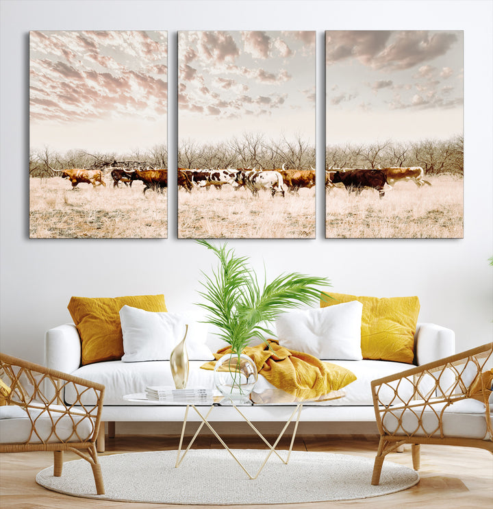 Longhorn Cattle Wall Art Canvas Print, Texas Ranch Print, Framed Western Cow Art Print, Large Prairie Landscape Printing Perfect for Western Decor