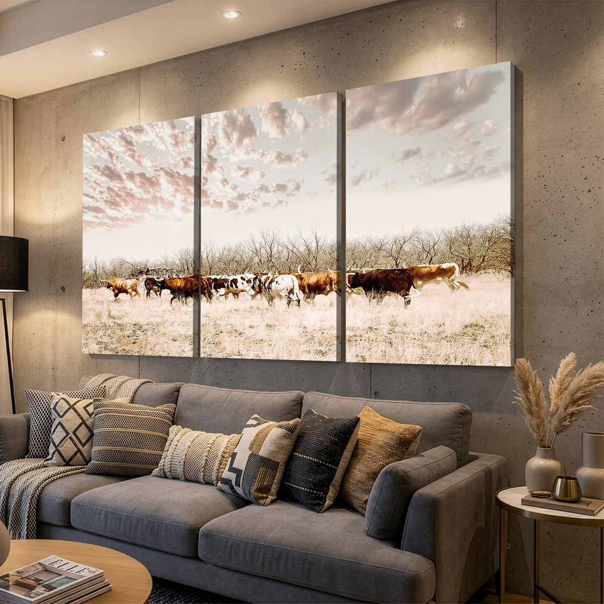 64892775-MGV-CV-24X16 - Longhorn Cattle Wall Art Canvas Print, Framed Texas Ranch Art, Western Cow Print, Prairie Landscape Decor