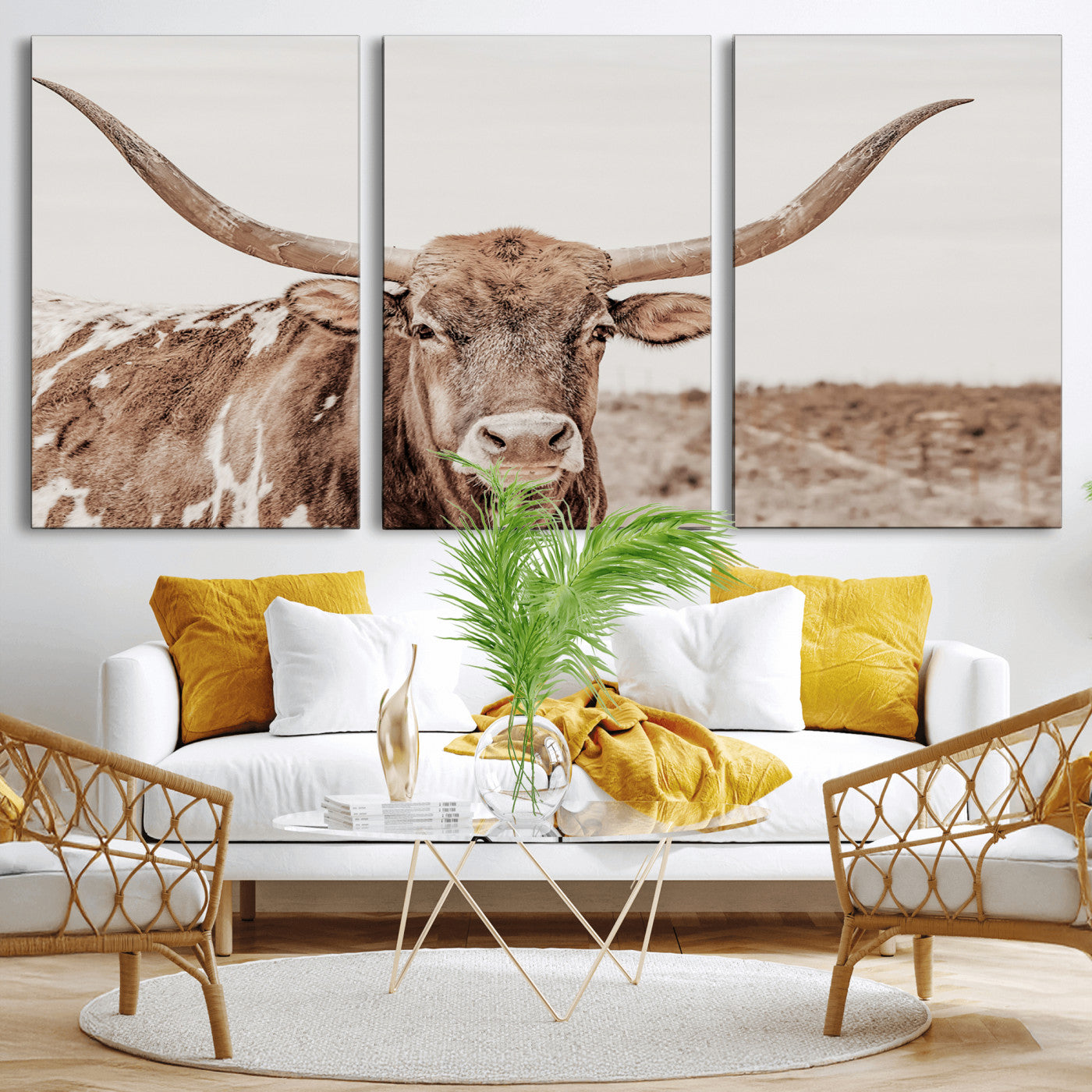 MGV-CV-60X30-3P - Longhorn Cow Wall Art Canvas Print, Framed Texas Ranch Art Picture Print, Western Bull Perfect County Decor Artwork