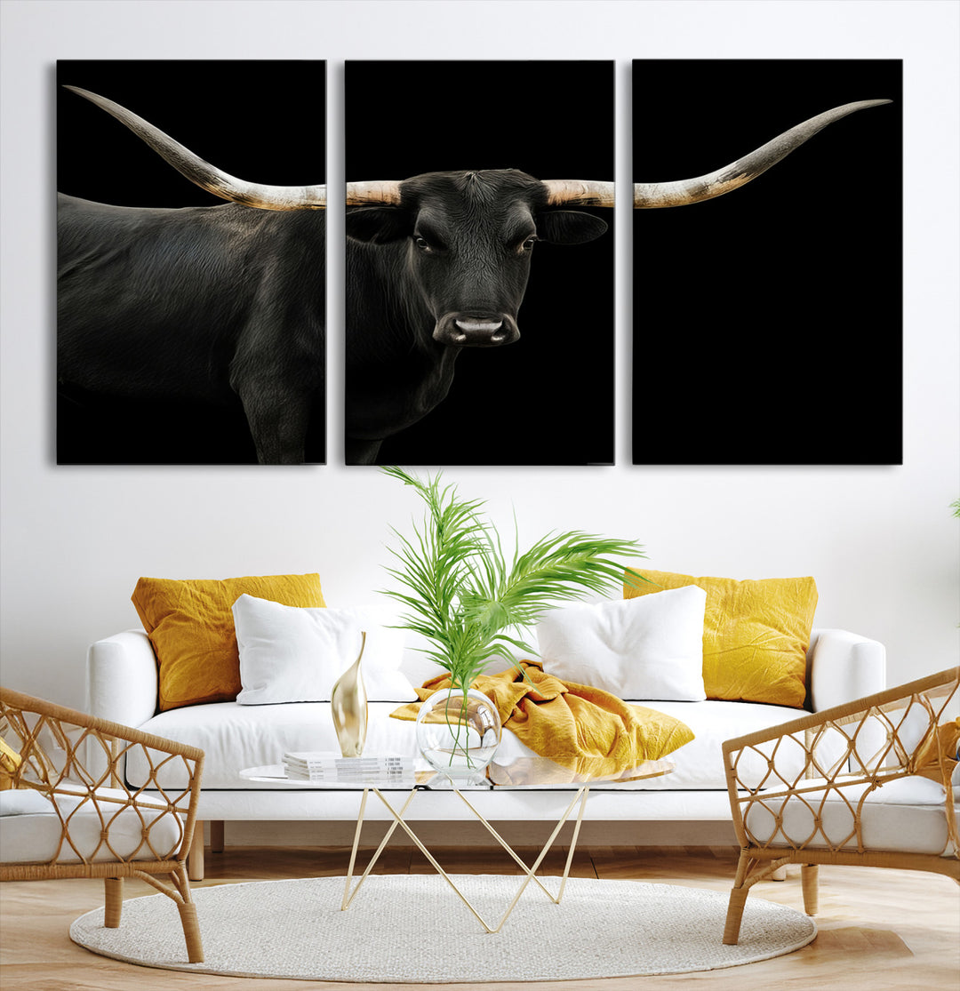 Black White Longhorn Bull Wall Art Canvas Print, Texas Ranch Print, Framed Western Cow Art Print for Farmhouse Decor - Longhorn Print