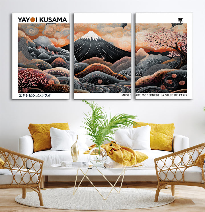 Modern Japanese Wall Art Print, Yayoi Kusama Wall Art Print, Abstract Mount Fuji Canvas Print Japanese Landscape Art Printing