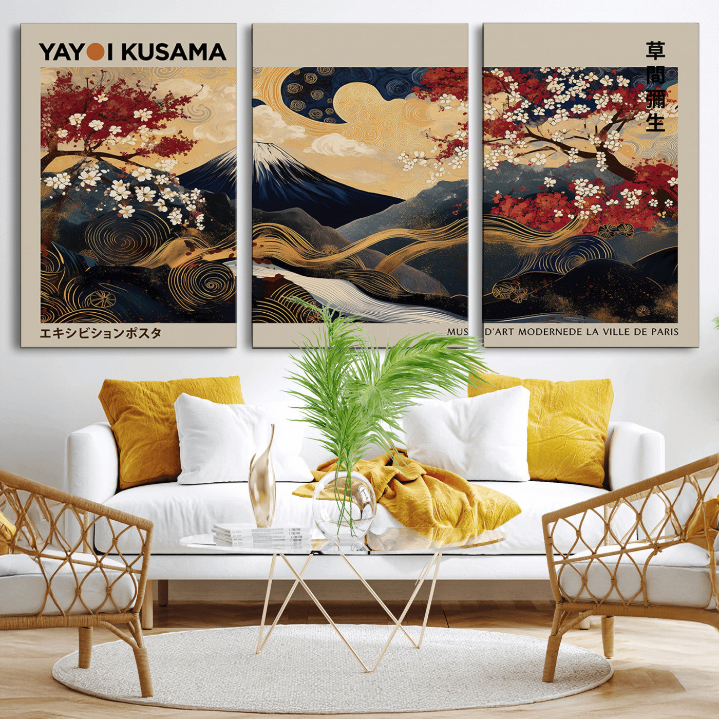 MGV-CV-60X30-3P - Modern Japanese Wall Art, Yayoi Kusama Japanese Print Wall Art, Abstract Mount Fuji Canvas Print,