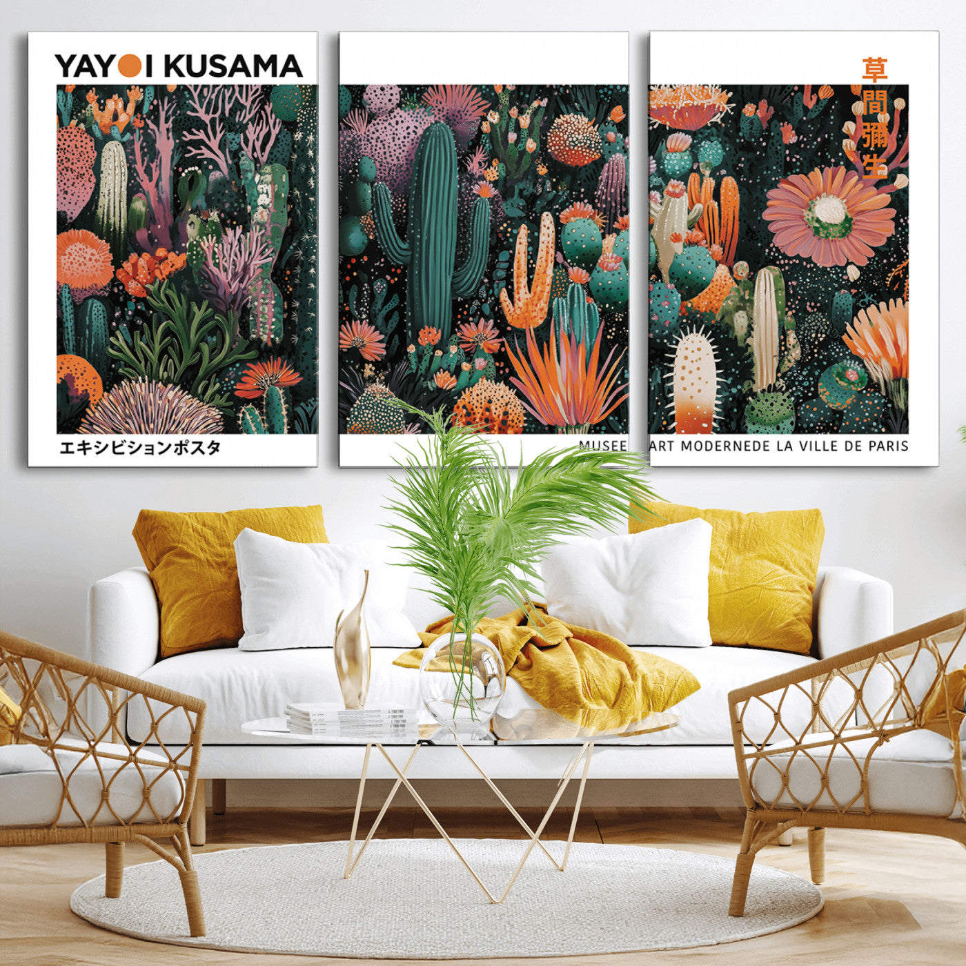 MGV-CV-60X30-3P - Modern Japanese Wall Art Print, Yayoi Kusama Print Wall Decor, Abstract Mount Fuji Canvas Print,