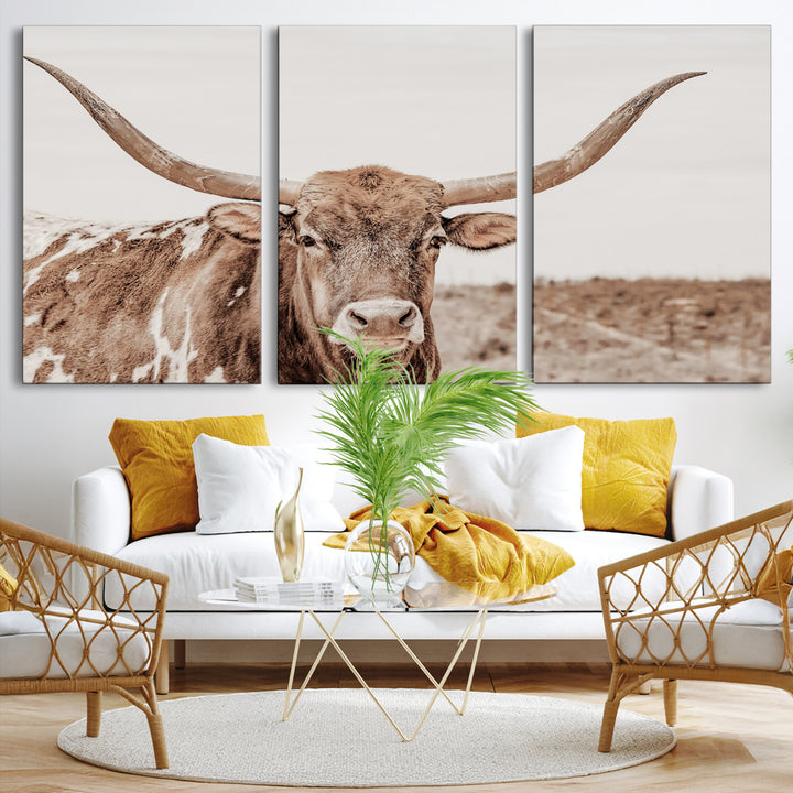 Longhorn Bull Wall Art Canvas Print, Framed Rustic Cow Art Picture Print, Neutral Farmhouse Perfect Rustic Neutral Farmhouse Decor