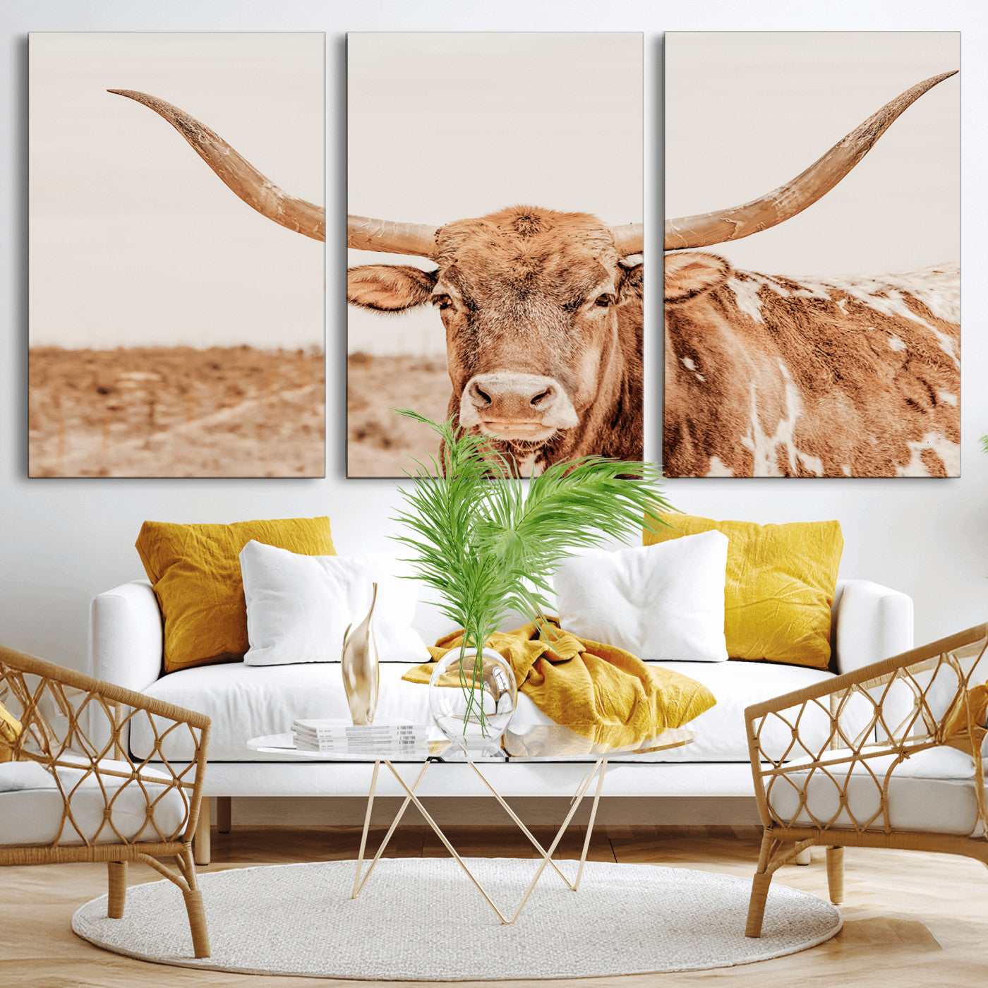 MGV-CV-60X30-3P - Longhorn Bull Wall Art Canvas Print, Framed Western Cow Art Picture Print, Rustic Farmhouse Perfect Neutral Farmhouse Decor Artwork