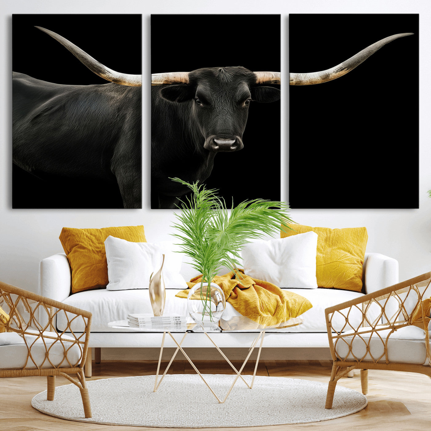 MGV-CV-60X30-3P - Texas Longhorn Wall Art Canvas Print, Framed Rustic Western Art Picture Print, Farmhouse Animal Perfect Modern Western Minimalist Decor Artwork