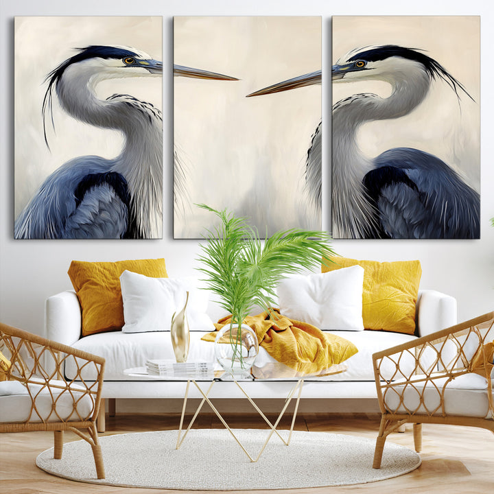Blue Heron Pair Wall Art Canvas Print, Coastal Bird Theme Print, Framed Tranquil Wildlife Scene Art Print, Large Nature Inspired Decor Printing