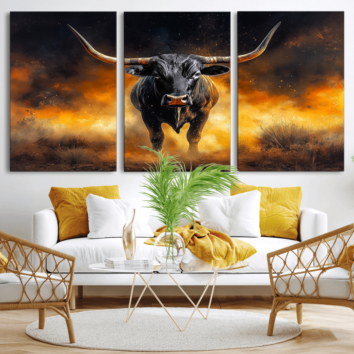 MGV-CV-60X30-3P - Longhorn Canvas Wall Art Canvas Print, Framed Bold Bull Wall Art Art Picture Print, Western Animal Decor Perfect Western Dramatic Decor Artwork