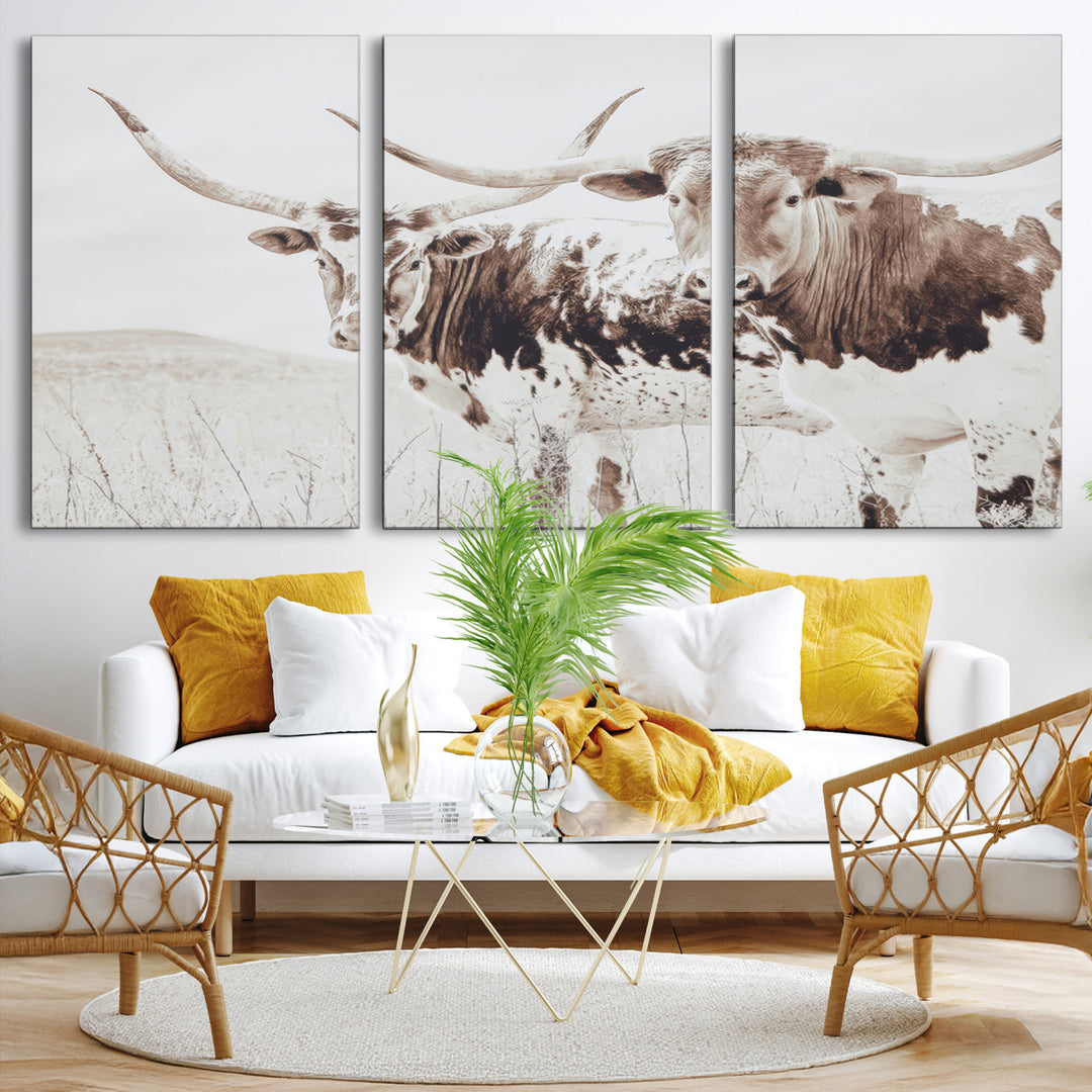 Longhorn Wall Art Wall Art Canvas Print, Western Cow Canvas Print, Framed Rustic Farm Decor Art Print, Large Neutral Animal Scene Printing