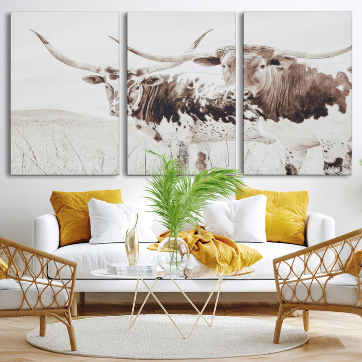 Longhorn Wall Art Wall Art Canvas Print, Western Cow Canvas Print, Framed Rustic Farm Decor Art Print, Large Neutral Animal Scene Printing