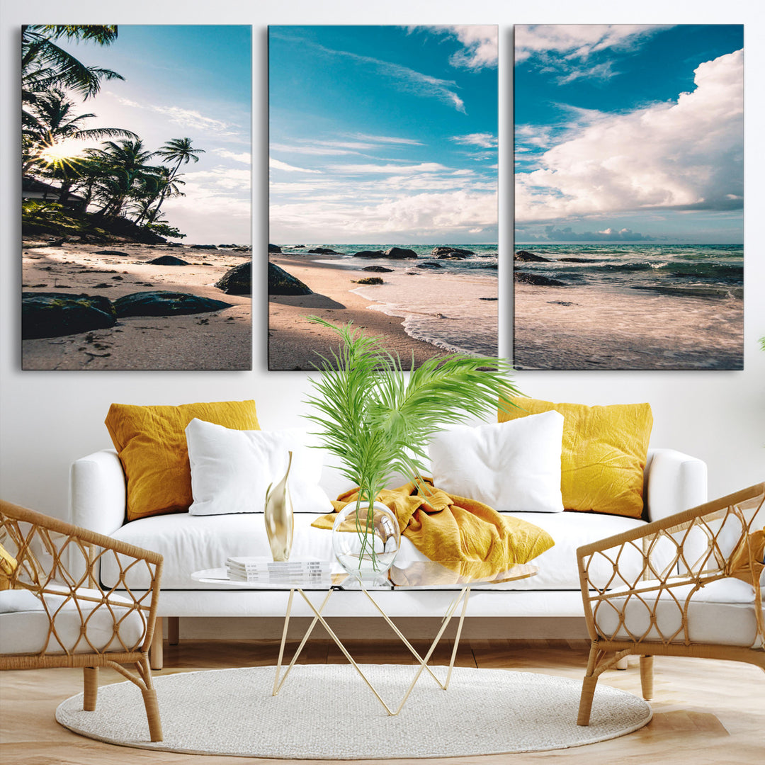 Tropical Beach Wall Art Canvas Print, Framed Ocean Waves Art Picture Print, Relaxing Seascape Perfect Tropical Coastal Decor Artwork