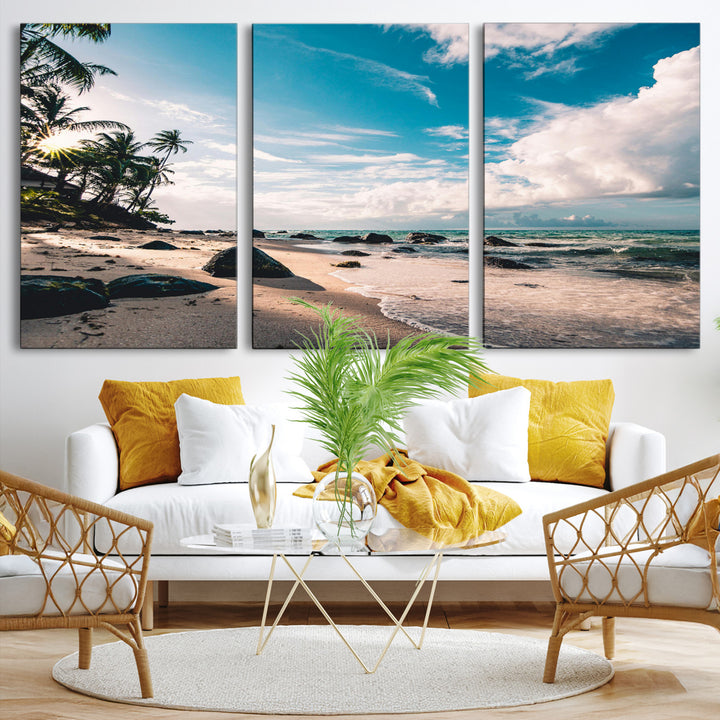Tropical Beach Wall Art Canvas Print, Framed Ocean Waves Art Picture Print, Relaxing Seascape Perfect Tropical Coastal Decor Artwork