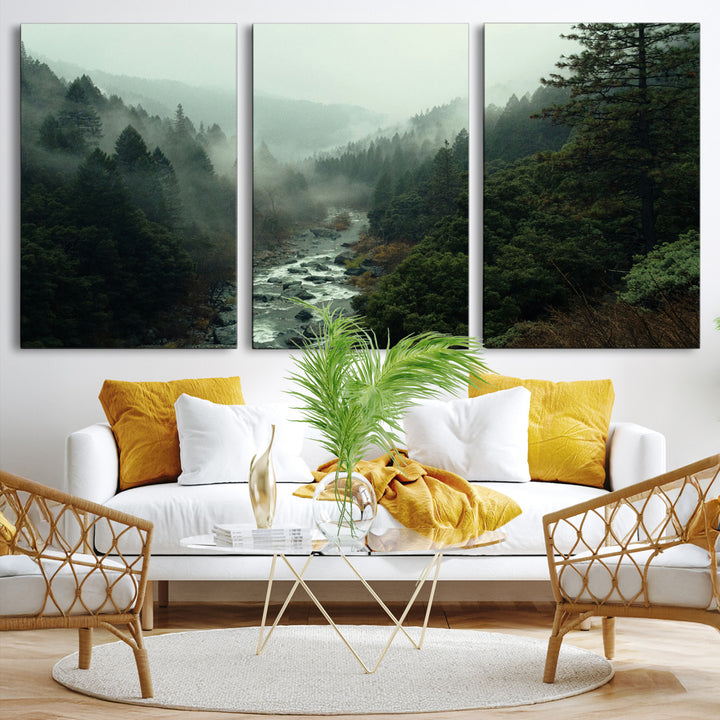 Misty Forest Wall Art Canvas Print, Framed Foggy River Art Picture Print, Moody Landscape Perfect Wilderness Decor Artwork