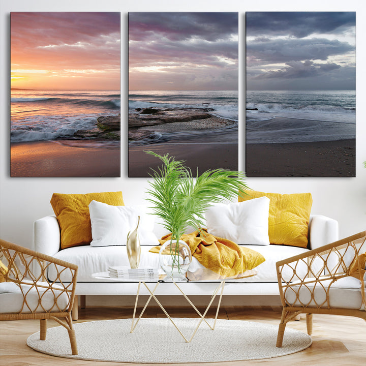 Golden Hour Wall Art Canvas Print, Framed Tranquil Waves Art Picture Print, Beach Perfect Coastal Serenity Decor Artwork