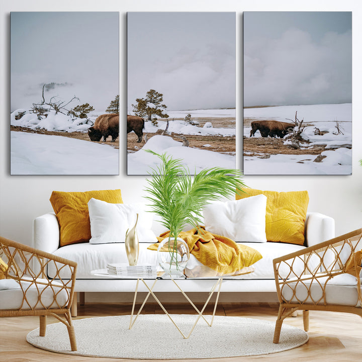 Bison Wildlife Wall Art Canvas Print, Framed Snowy Prairie Art Picture Print, Western Perfect Rustic Decor Artwork