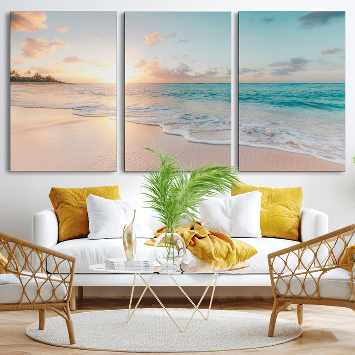 Beach Sunset Wall Art Canvas Print, Framed Ocean Waves Art Picture Print, Summer Escape Perfect Coastal Decor Artwork