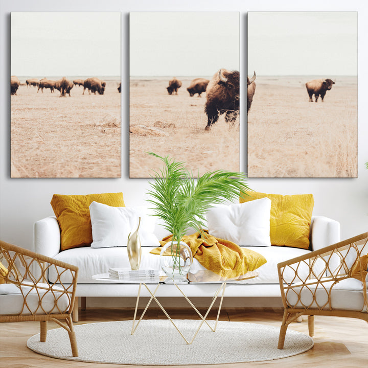 Bison Herd Wall Art Canvas Print, Framed Western Art Picture Print, Prairie Serenity Perfect Ranch Decor Artwork
