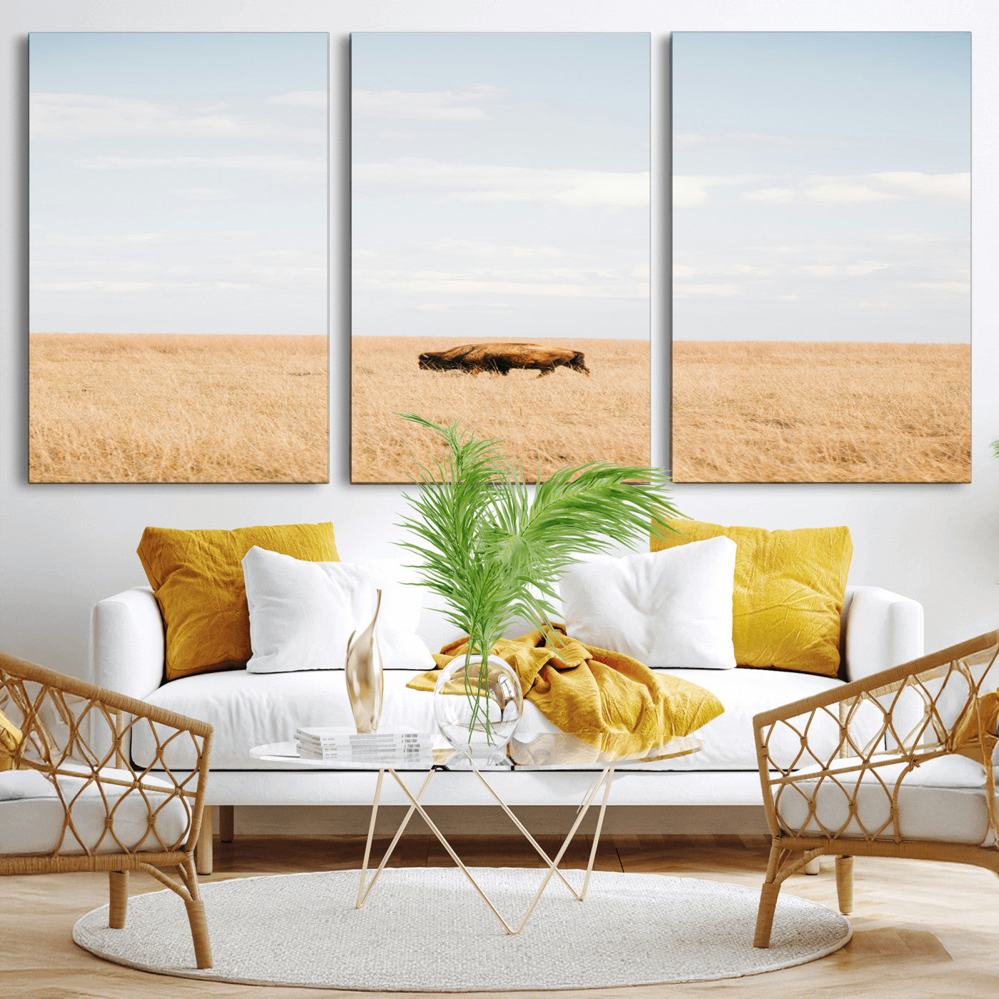 MGV-CV-60X30-3P - Minimalist Nature Wall Art Canvas Print, Framed Bison In Grassland Art Picture Print, Open Field Perfect Modern Ranch Decor Decor Artwork