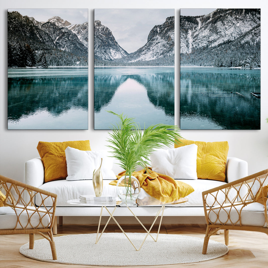 Mountain Lake Wall Art Canvas Print, Framed Winter Wonderland Art Picture Print, Snowy Peaks Perfect Modern Nature Decor Artwork