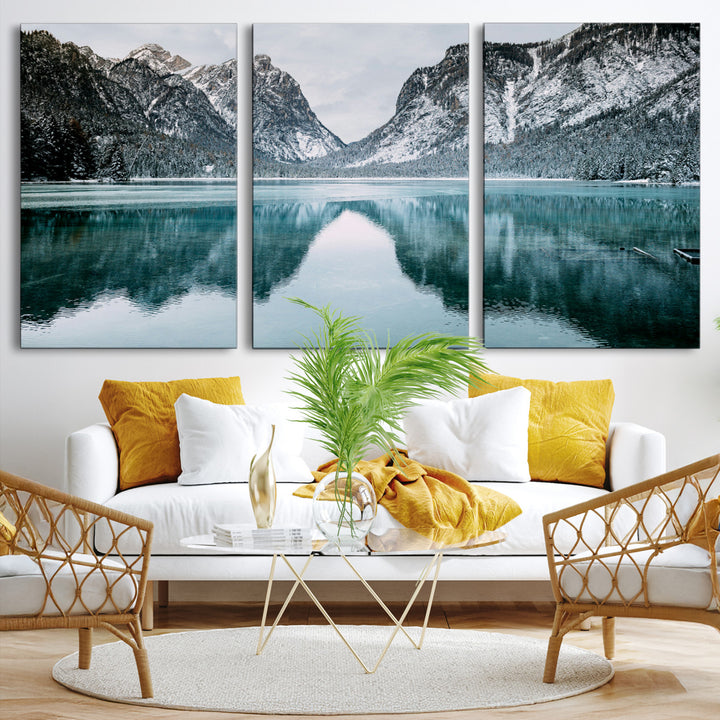 Mountain Lake Wall Art Canvas Print, Framed Winter Wonderland Art Picture Print, Snowy Peaks Perfect Modern Nature Decor Artwork